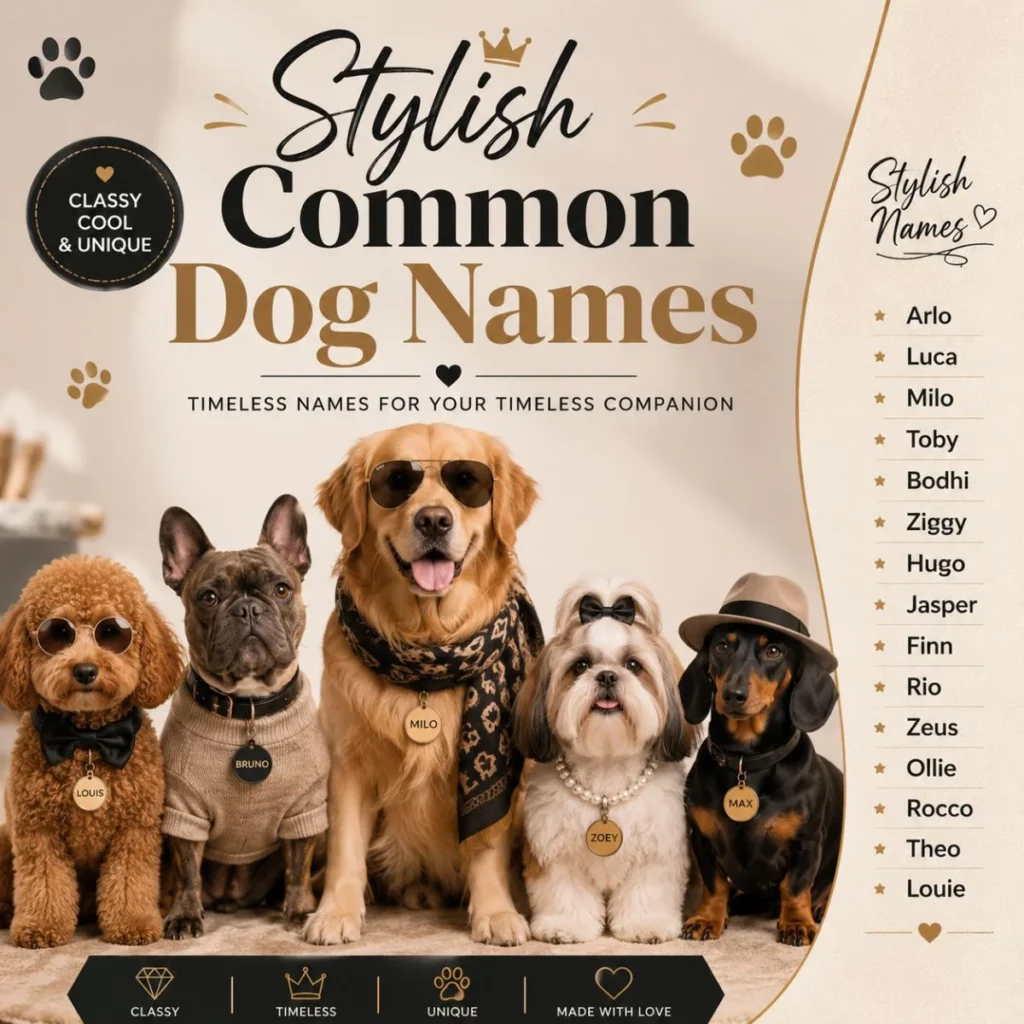 Stylish common dog names poster with fashionable dogs, classy accessories, and elegant name ideas