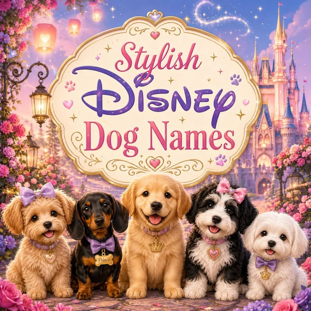 Stylish Disney dog names image with fashionable puppies, magical castle, flowers, lanterns, and sparkles