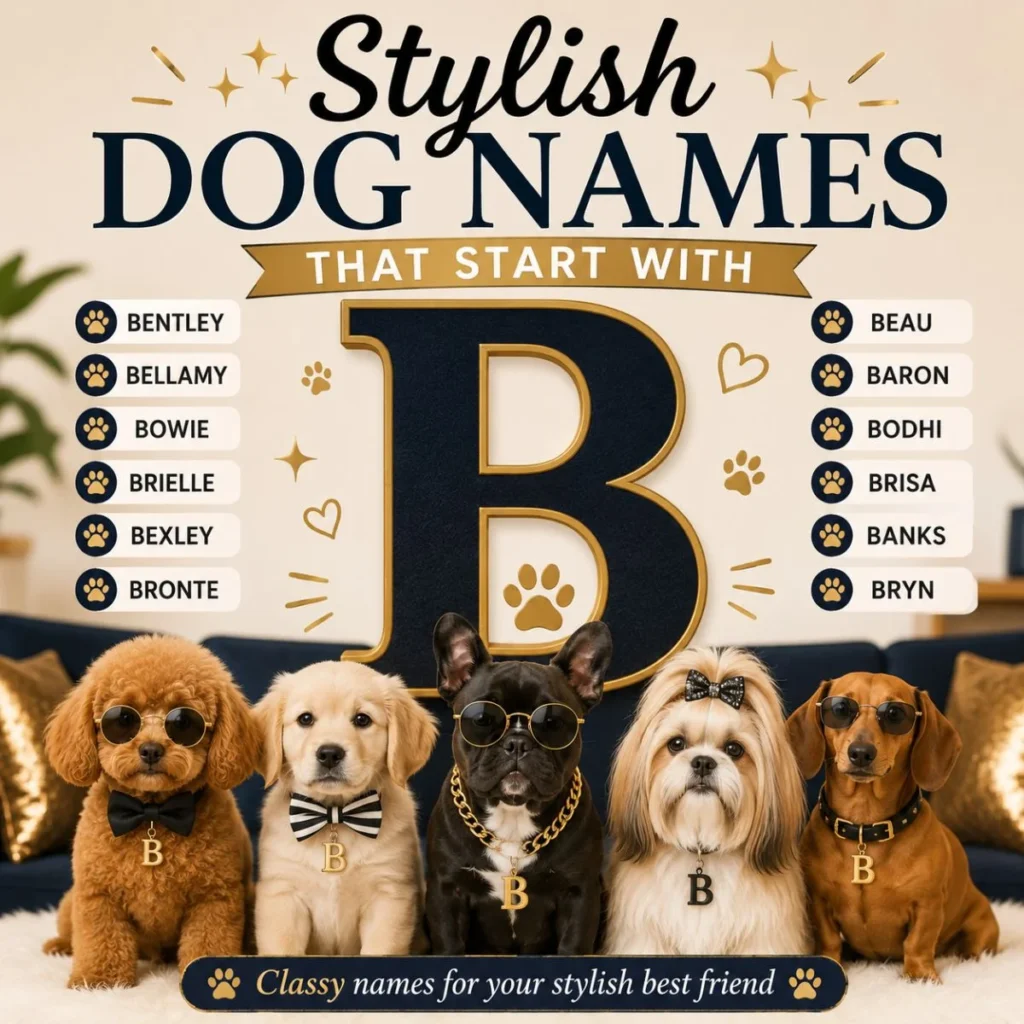 Stylish dog names that start with B with fashionable puppies, gold accents, and classy name ideas