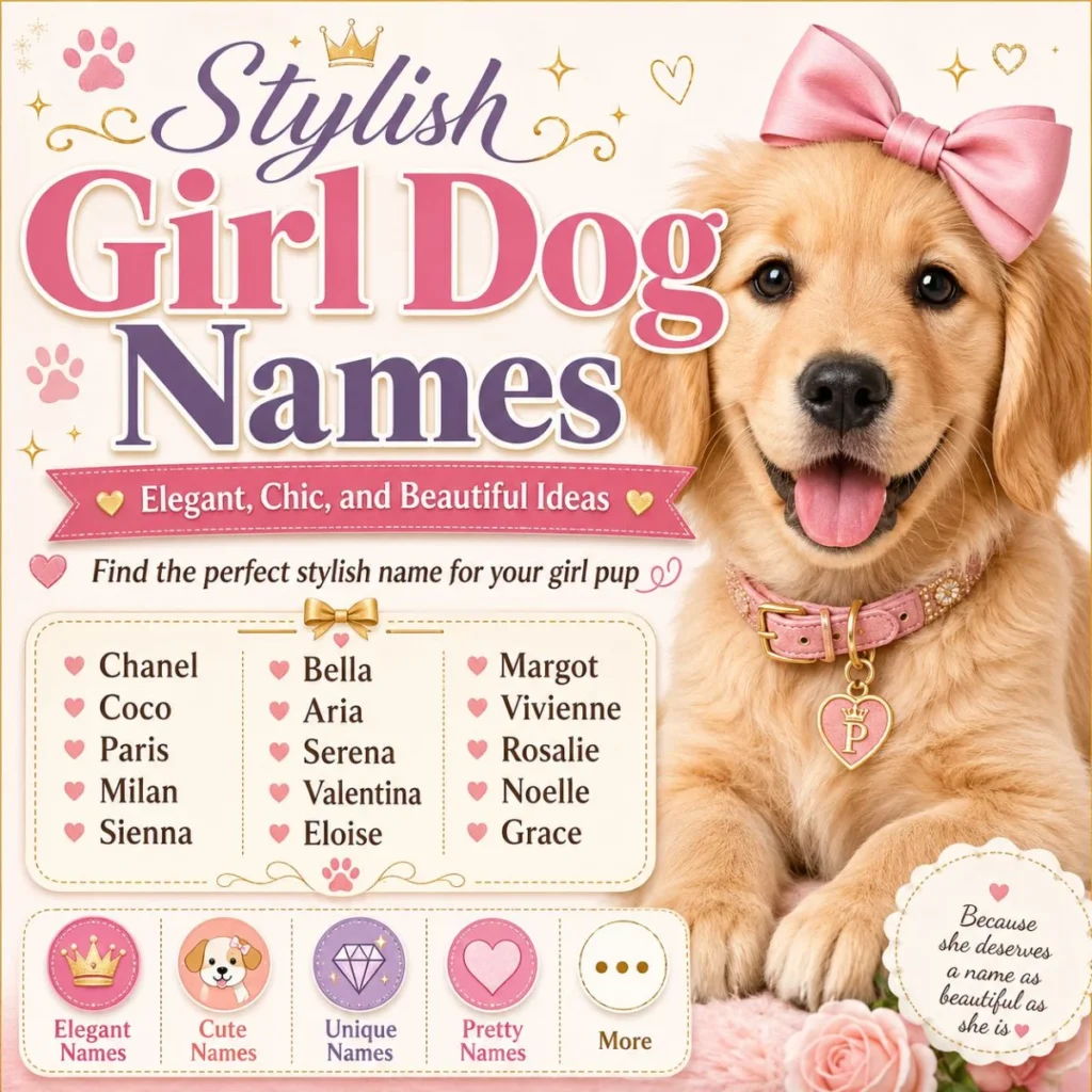 Stylish girl dog names with cute golden puppy, pink bow, and elegant female puppy name ideas