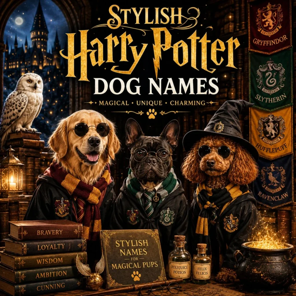 Stylish Harry Potter dog names image with fashionable wizard dogs, house banners, owl, books, and magic glow