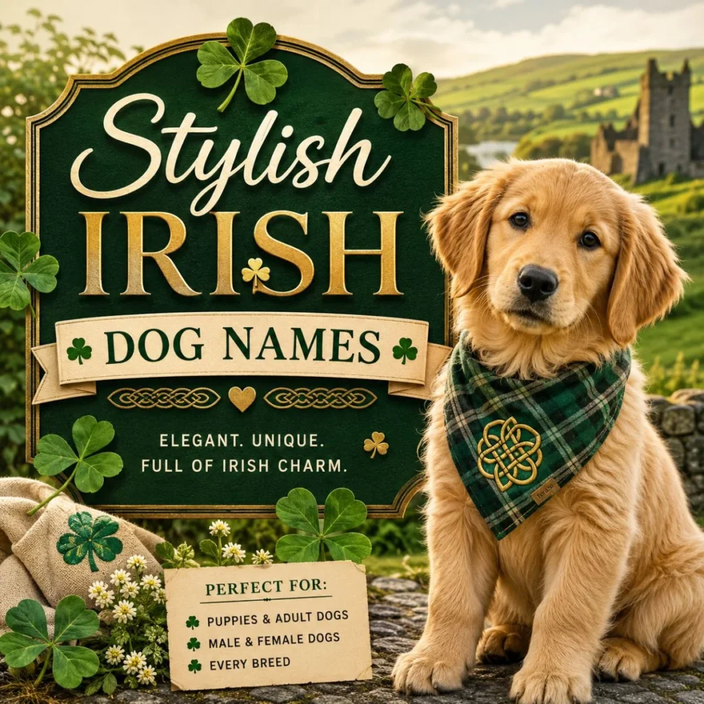 Golden puppy with Stylish Irish Dog Names sign, shamrocks, Celtic details, and Irish countryside