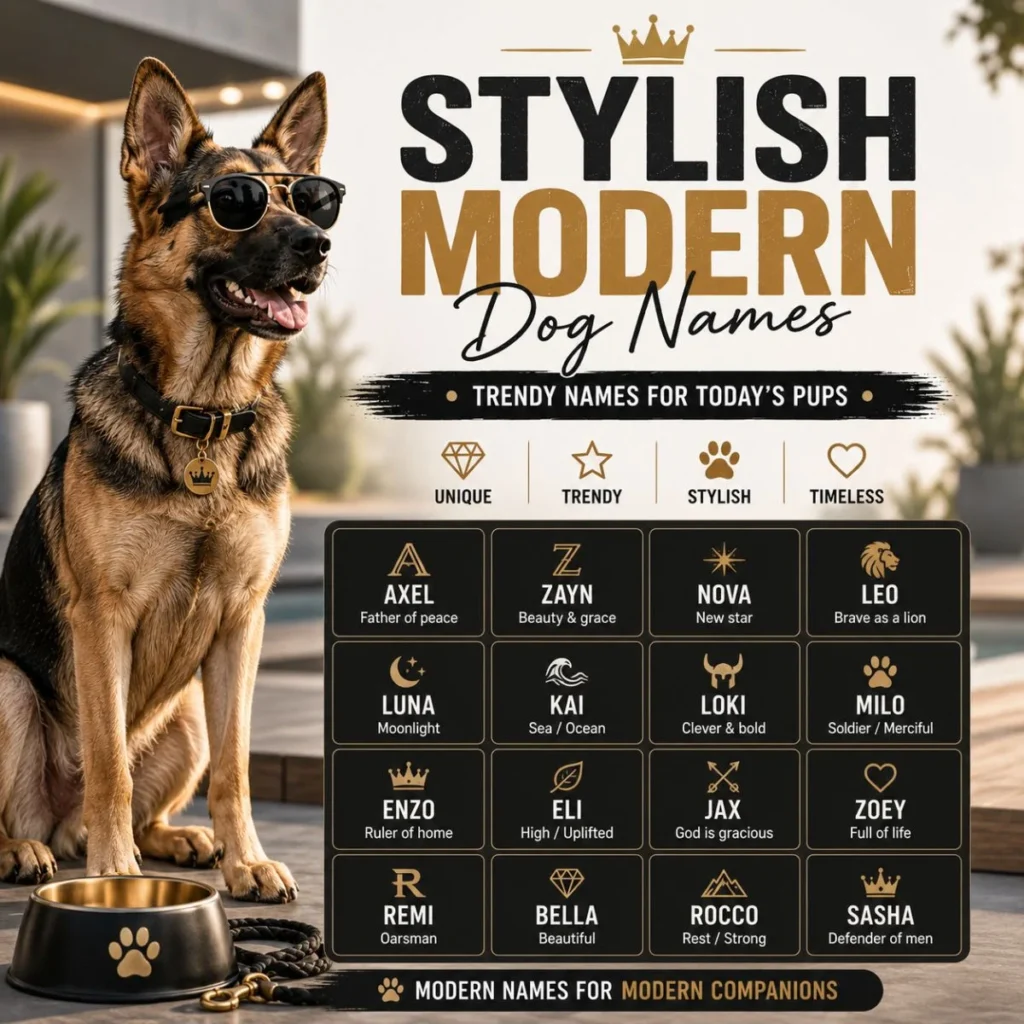 Stylish modern dog names infographic with German Shepherd wearing sunglasses and trendy name ideas