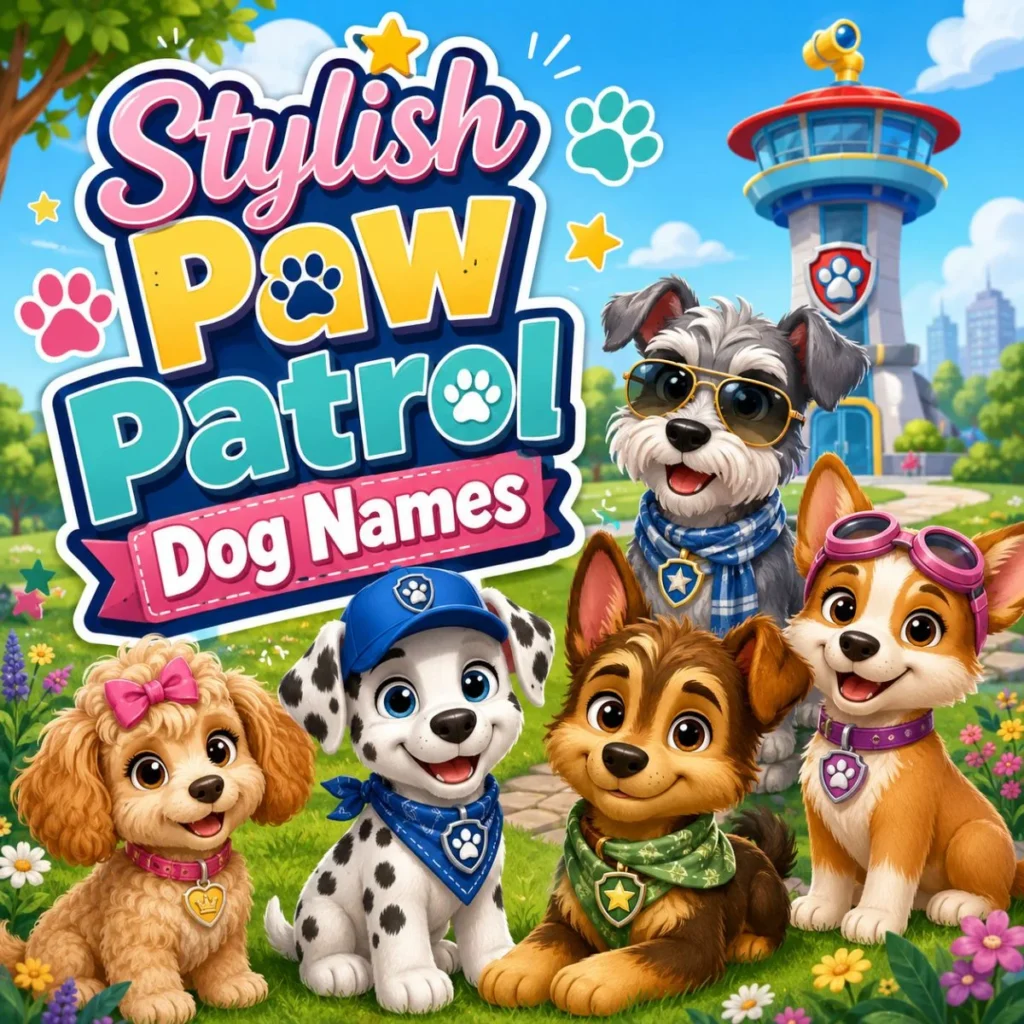 Stylish Paw Patrol dog names graphic with cute puppies in a colorful sunny park scene