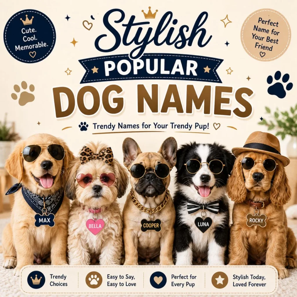 Stylish popular dog names graphic with fashionable puppies wearing sunglasses, hats, and name tags