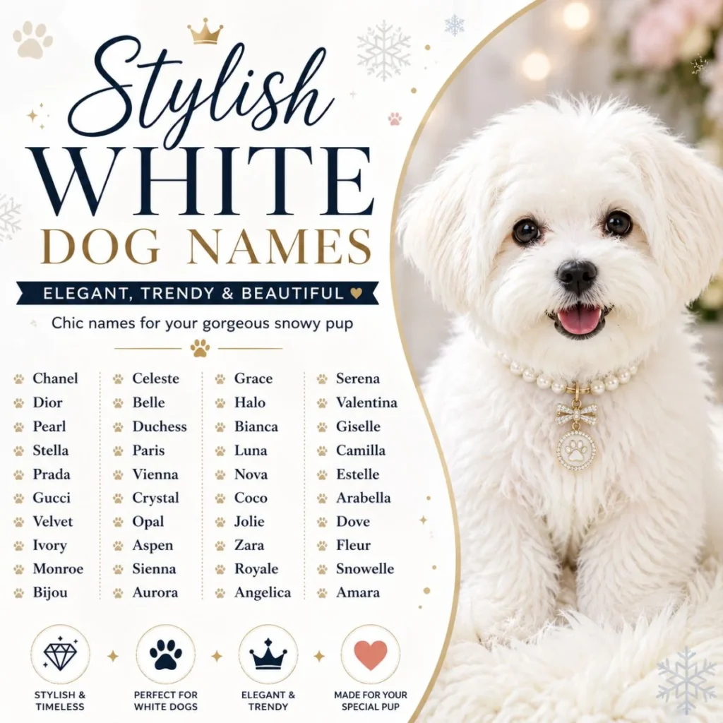 Stylish white dog names poster with elegant fluffy puppy and trendy snowy pup name ideas