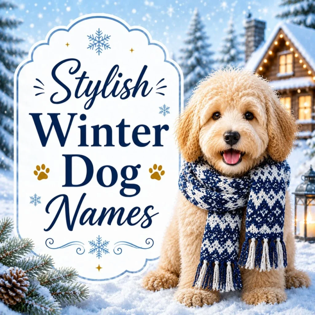 Stylish winter dog names graphic with cute scarf-wearing puppy in snowy cabin scene