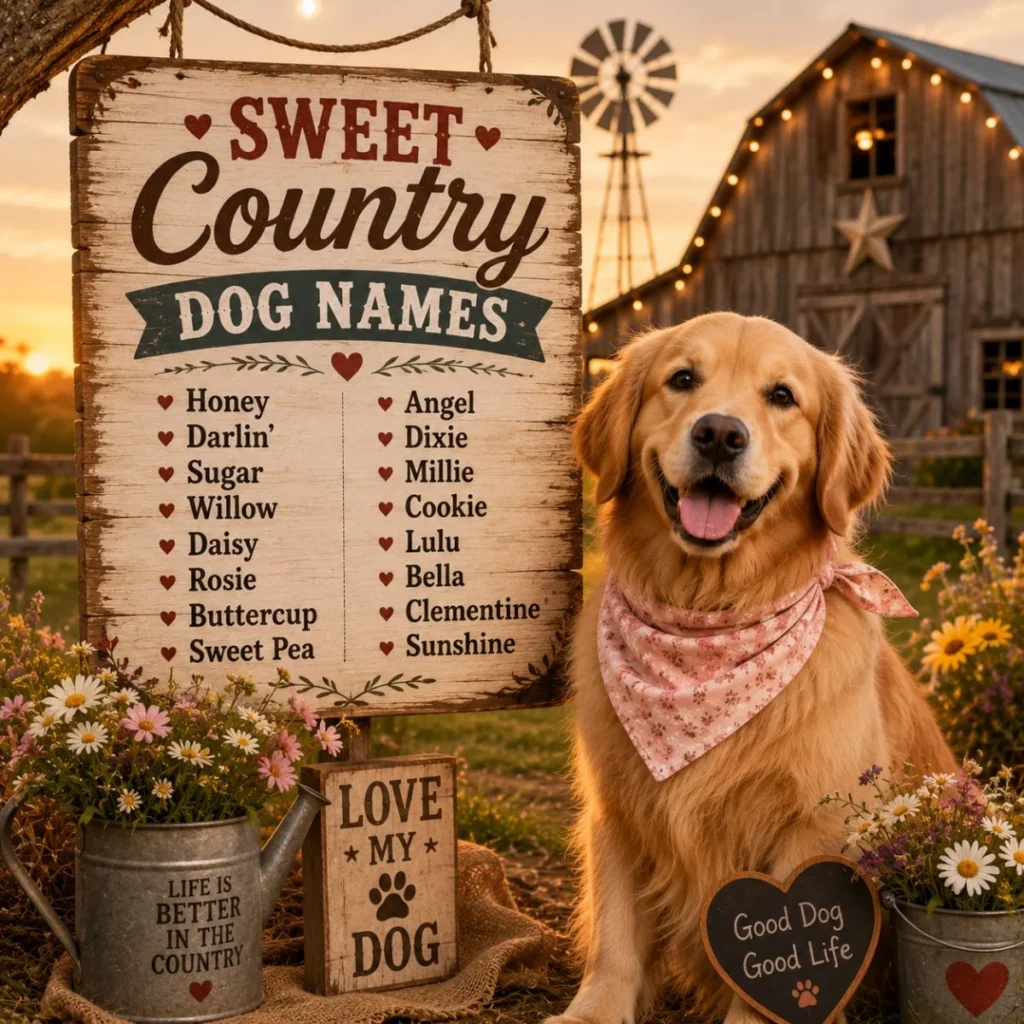 Sweet country dog names sign with golden retriever in warm farmhouse scene