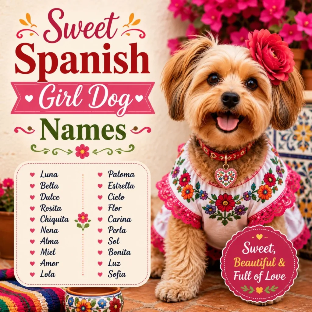 Sweet Spanish girl dog names image with cute pup, red flower, and colorful floral outfit