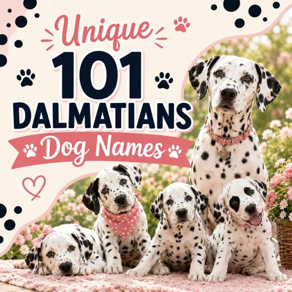 Unique 101 Dalmatians dog names graphic with stylish spotted puppies and adult Dalmatian