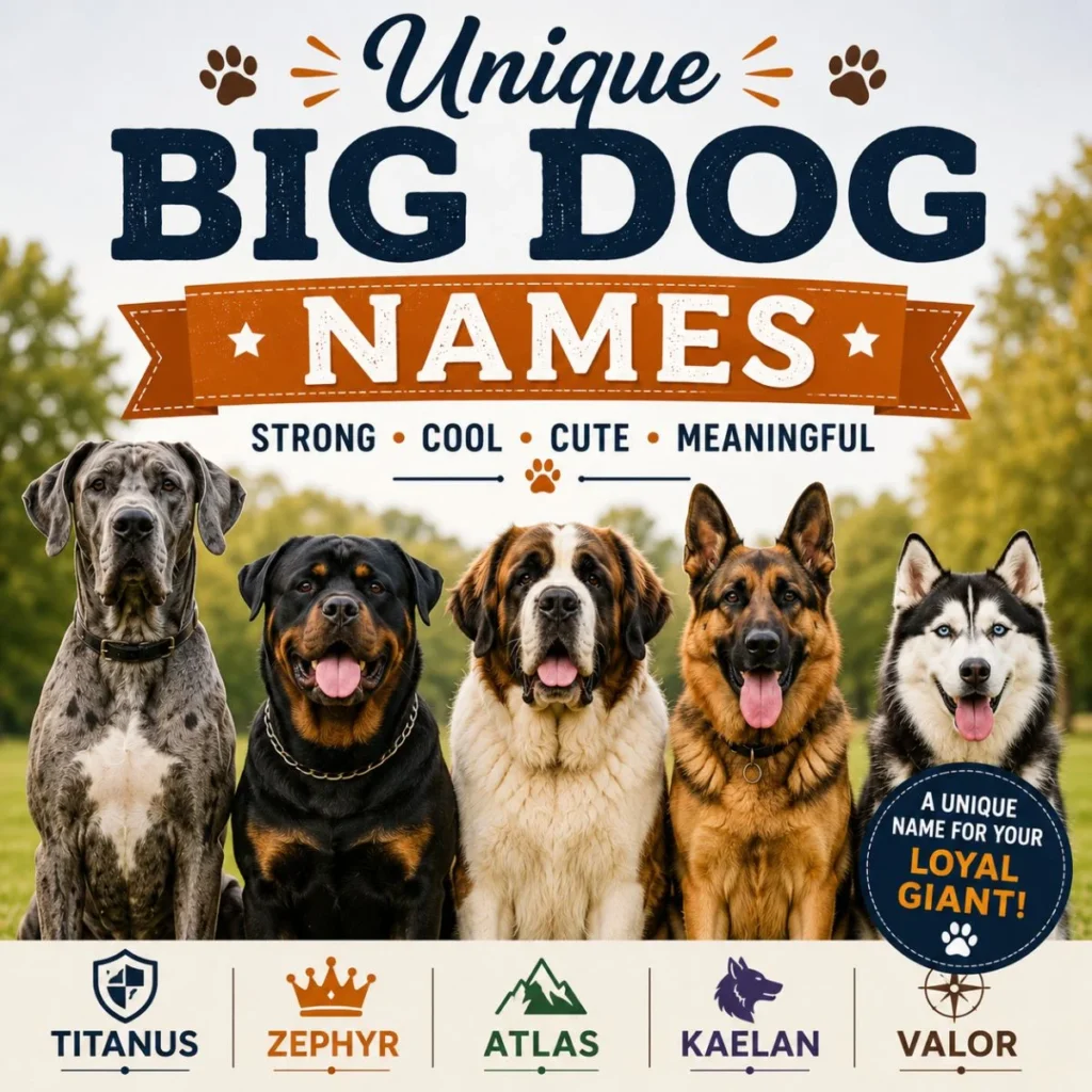 Unique big dog names graphic with Great Dane, Rottweiler, Saint Bernard, German Shepherd, and Husky