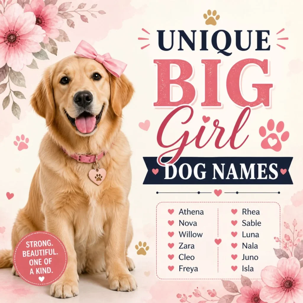 Unique big girl dog names poster with smiling golden retriever, pink bow, floral design, and female dog name ideas