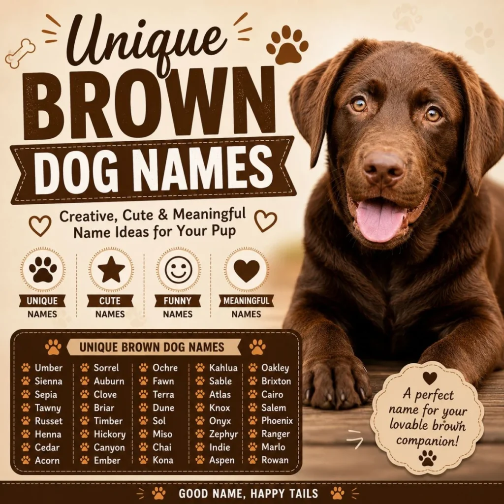Unique brown dog names infographic with happy chocolate puppy and creative meaningful name ideas