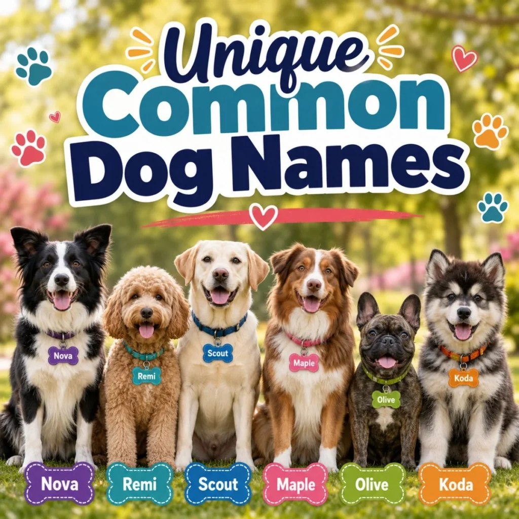 Unique common dog names image with cute dogs and name tags like Nova, Remi, Scout, Maple, Olive, and Koda