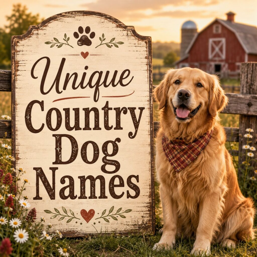 Unique country dog names sign with golden retriever in rustic barn setting
