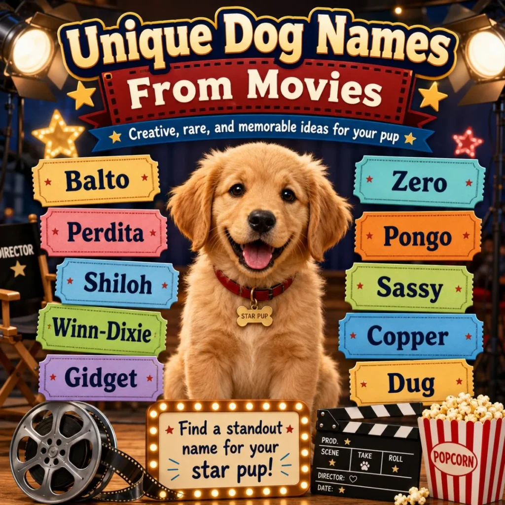 Golden retriever poster with unique dog names from movies and creative puppy name ideas