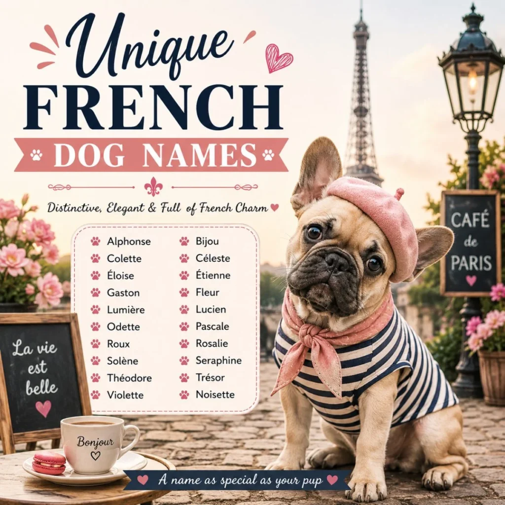 Unique French dog names with French Bulldog in pink beret, Eiffel Tower, café, and floral Paris background