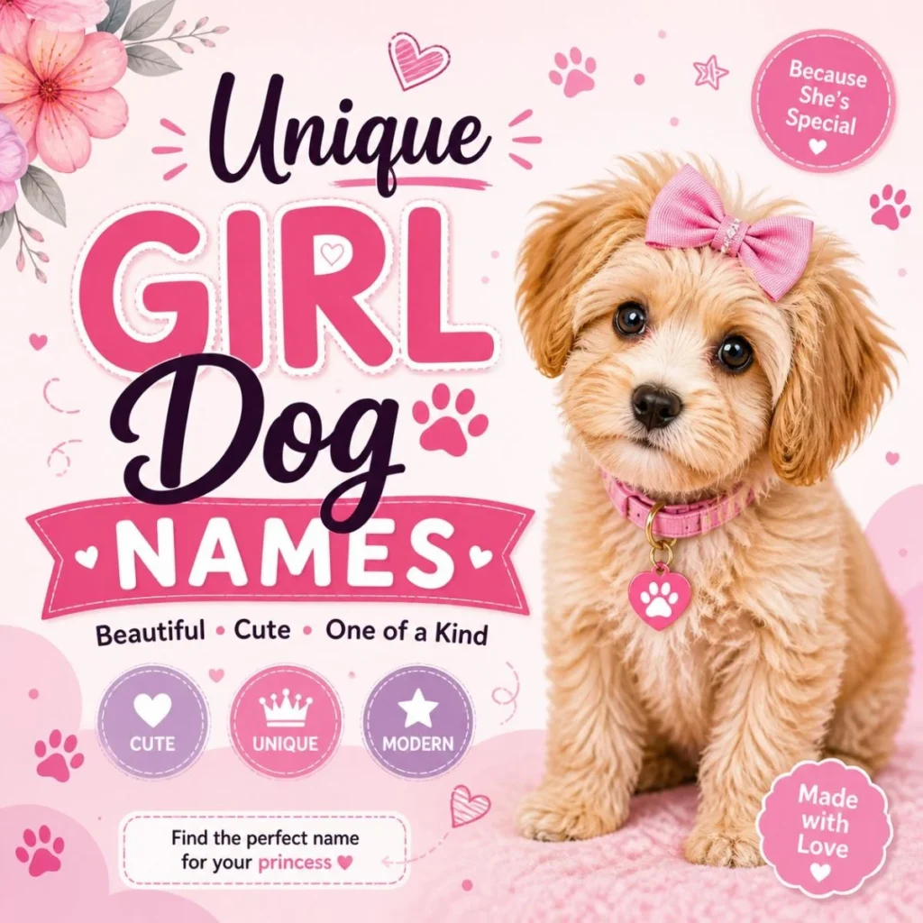 Unique girl dog names with cute puppy, pink bow, hearts, flowers, and paw prints