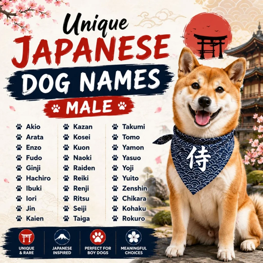 Unique Japanese dog names male poster with Shiba Inu, cherry blossoms, torii gate, and rare boy dog name ideas