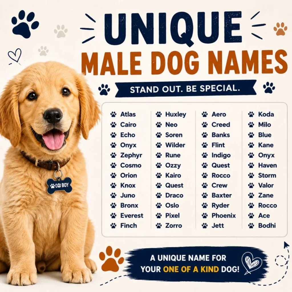 Unique male dog names infographic with golden puppy and creative boy dog name ideas