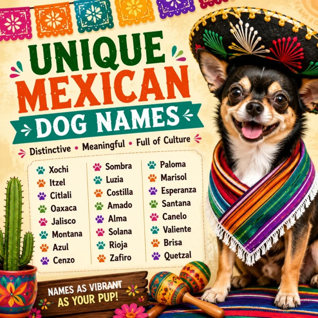 Unique Mexican dog names poster with Chihuahua in sombrero and colorful fiesta design