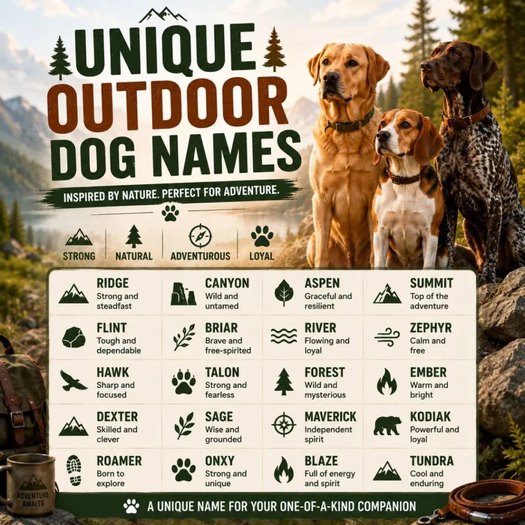 Unique outdoor dog names infographic with three dogs, mountains, forest, and nature-inspired name ideas