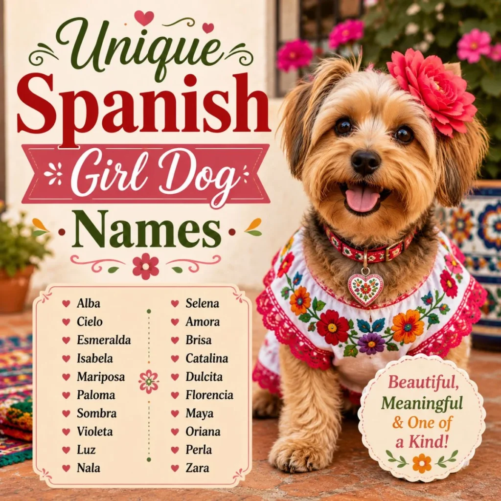 Unique Spanish girl dog names image with cute pup, red flower, and colorful Spanish-style outfit