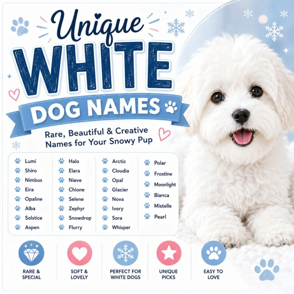 Unique white dog names poster with fluffy white puppy and rare, beautiful name ideas for snowy pups