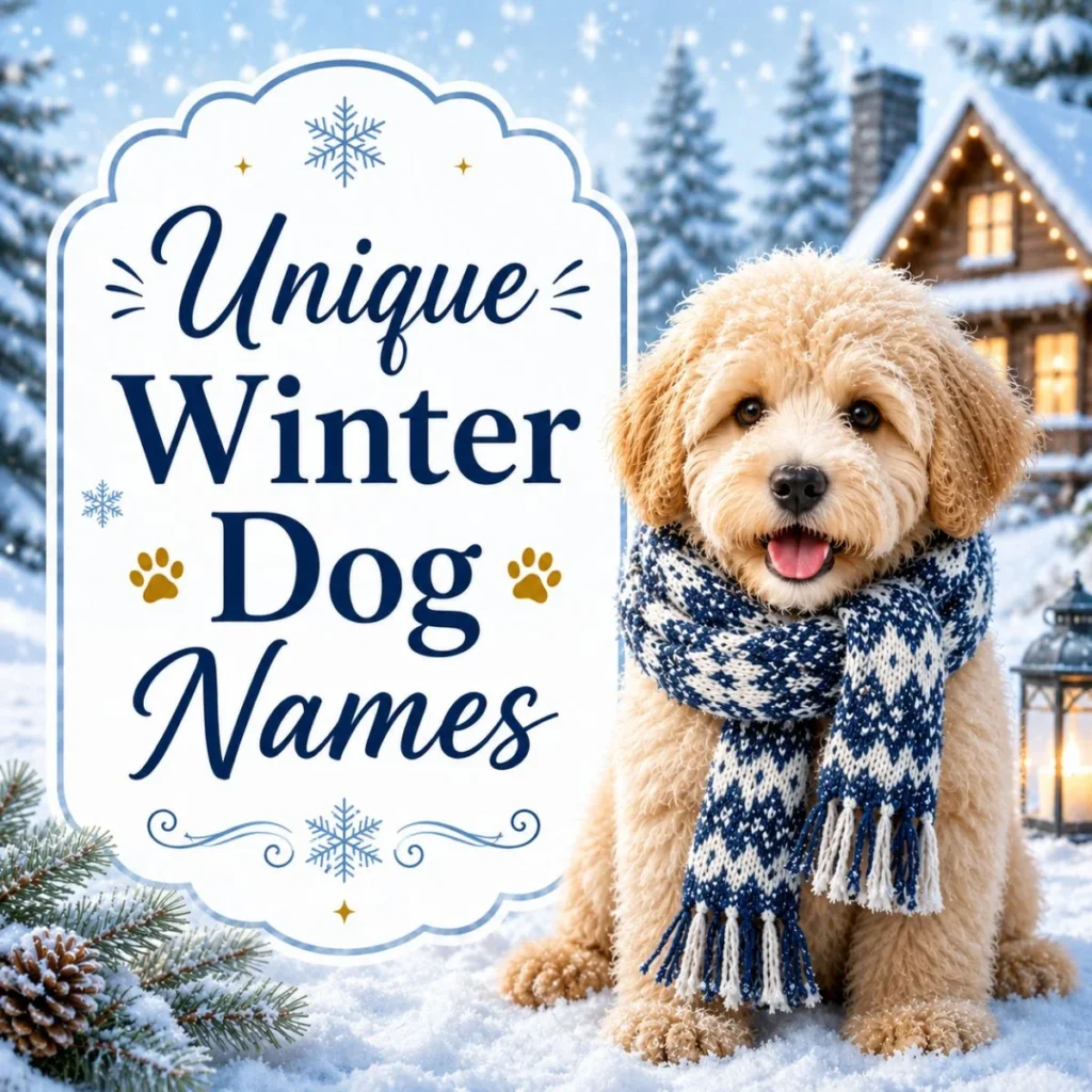 Unique winter dog names graphic with cute scarf-wearing puppy in snowy cabin scene