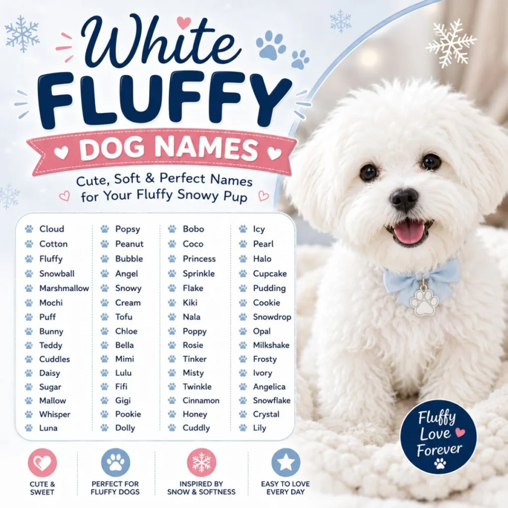 White fluffy dog names poster with cute snowy puppy and soft name ideas for fluffy dogs