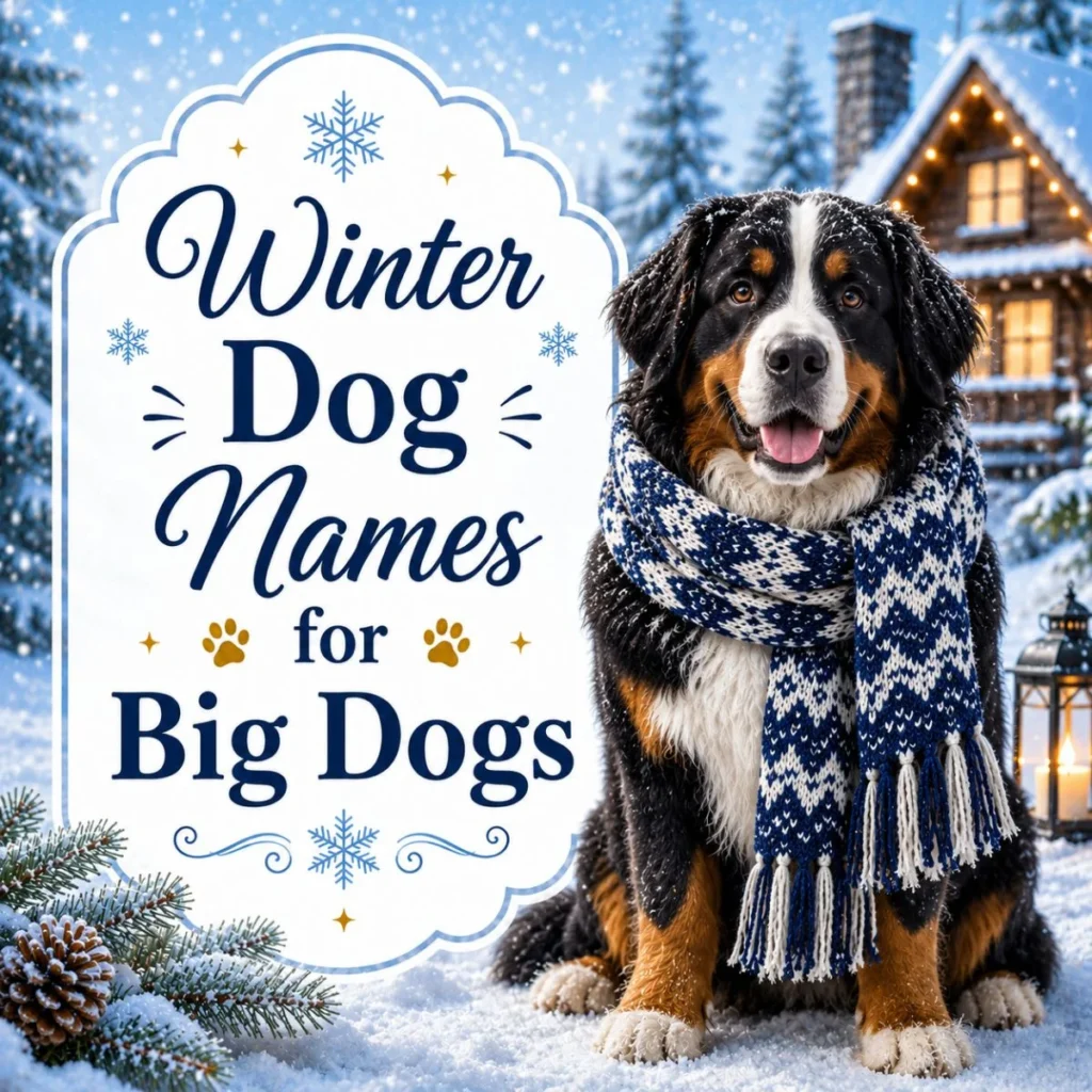 Winter dog names for big dogs graphic with Bernese Mountain Dog in snowy cabin scene