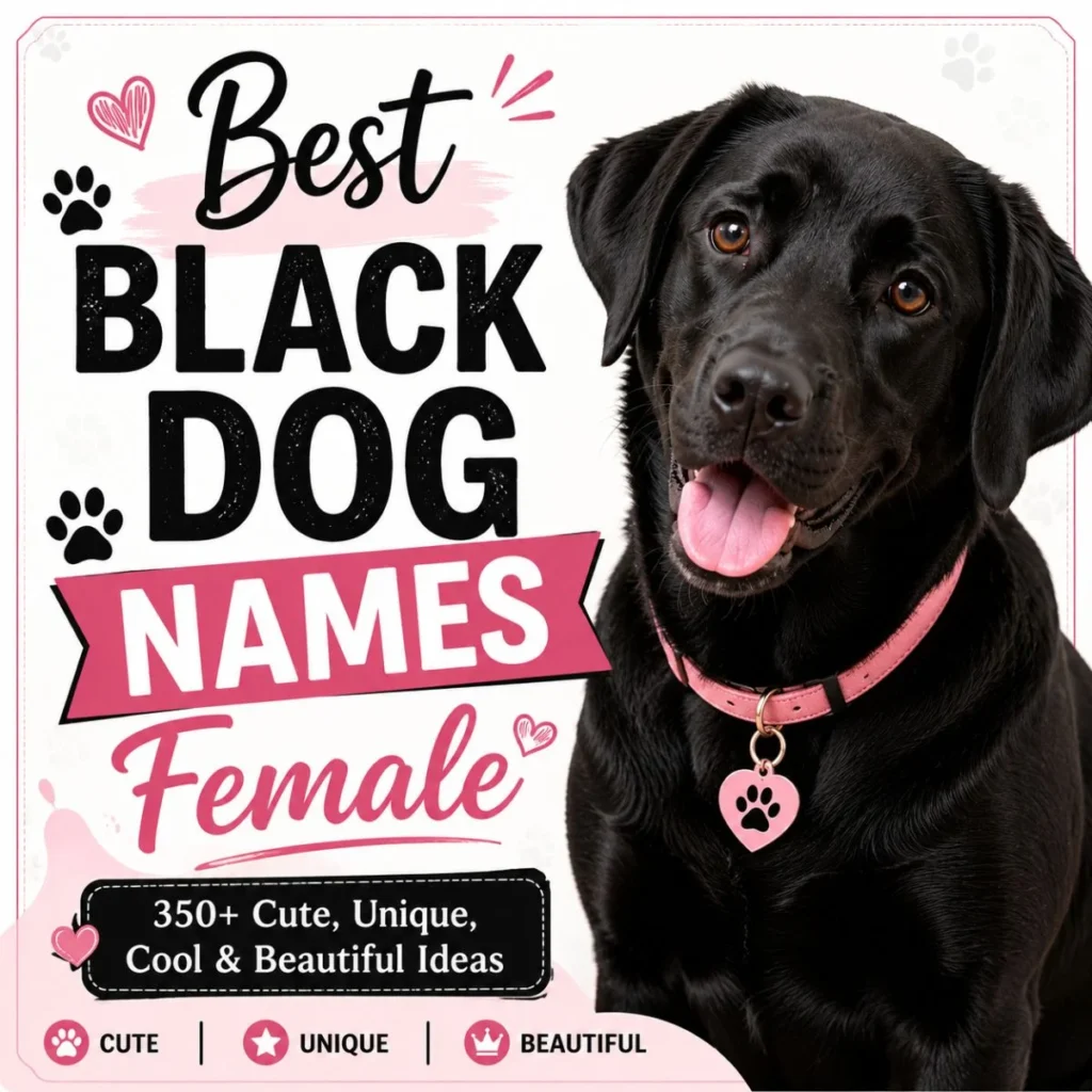 Happy black female dog with pink collar featured in a guide to the best black dog names for female dogs