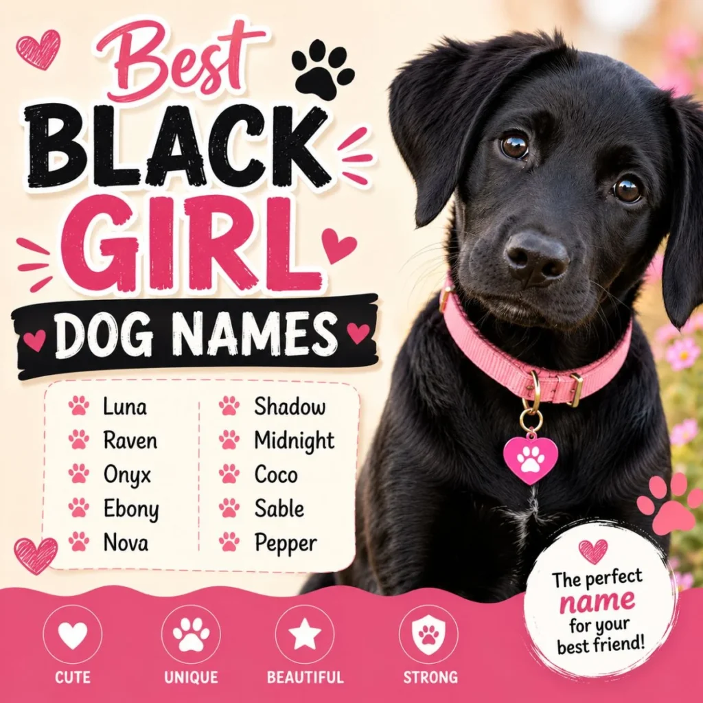 Cute black female puppy with pink collar and best black girl dog names for naming inspiration.