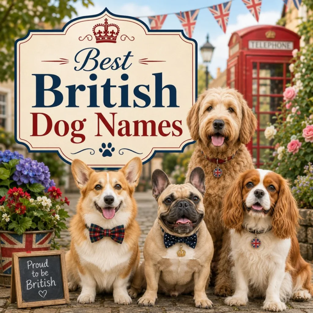 Best British dog names image with cute dogs, a red phone booth, bunting, and classic British style