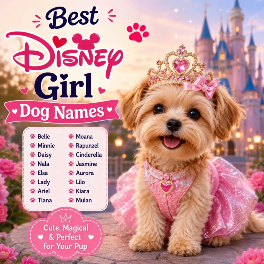 Best Disney girl dog names with cute puppy in princess dress and magical castle background