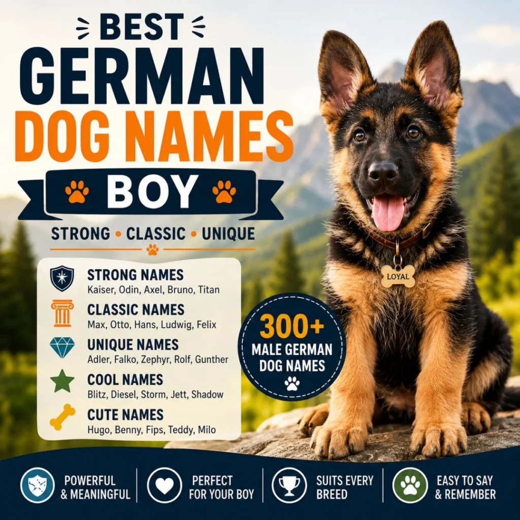 Best German dog names for boys with a German Shepherd puppy featuring strong, classic, unique, cool, and cute name ideas