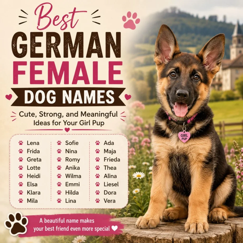 Best German female dog names infographic with cute German Shepherd puppy and popular girl dog name ideas