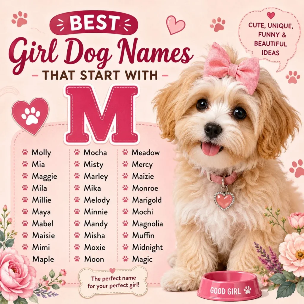 Best girl dog names that start with M infographic with cute puppy, pink bow, and popular M name ideas