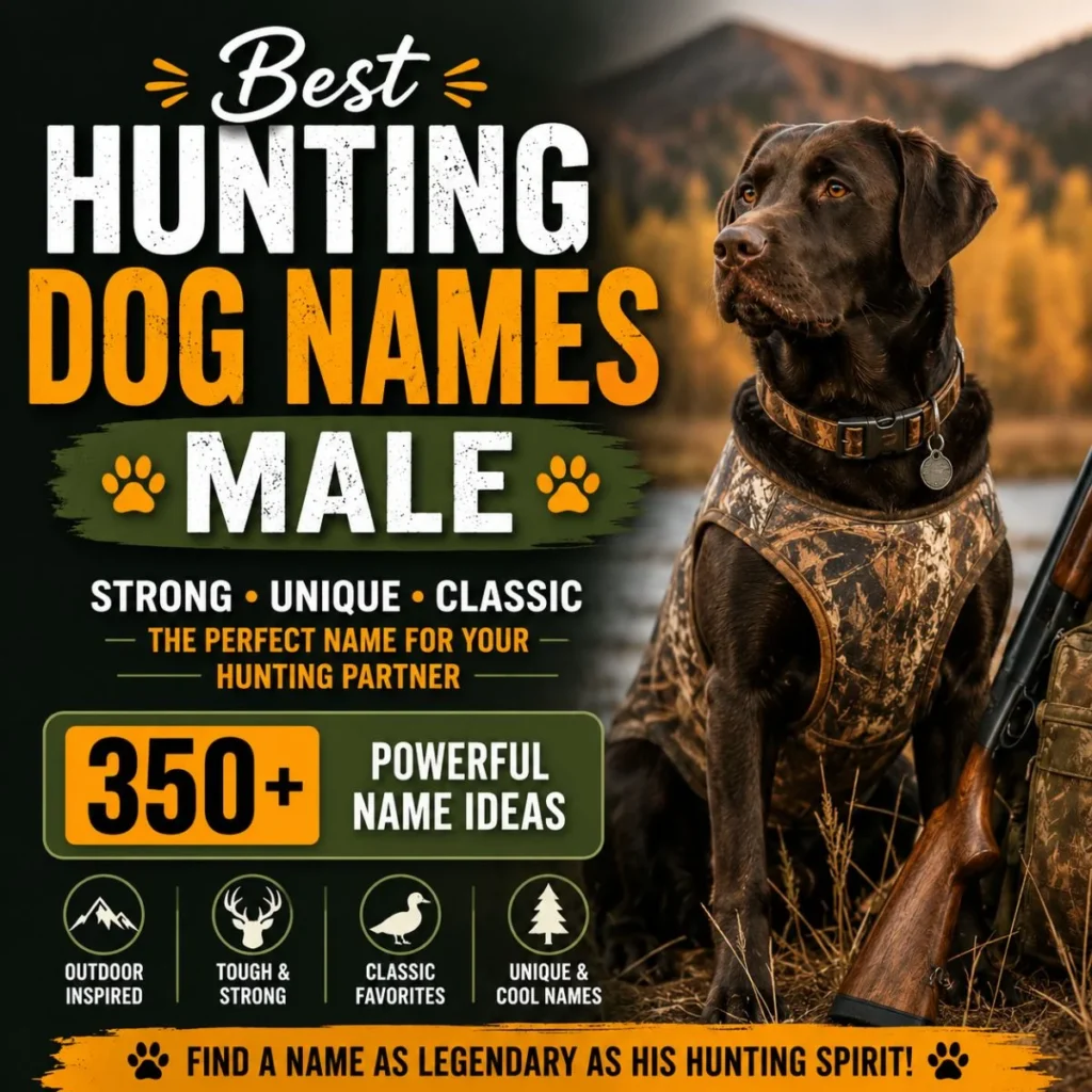 Chocolate male hunting dog in camouflage with the best hunting dog names for strong, unique, and classic companions