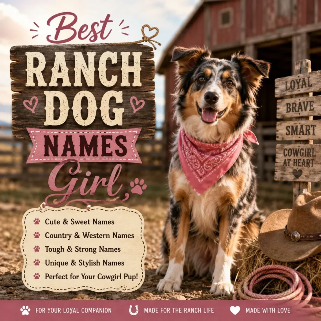 Best ranch dog names girl image with cowgirl pup, rustic barn, western hat, and country name ideas