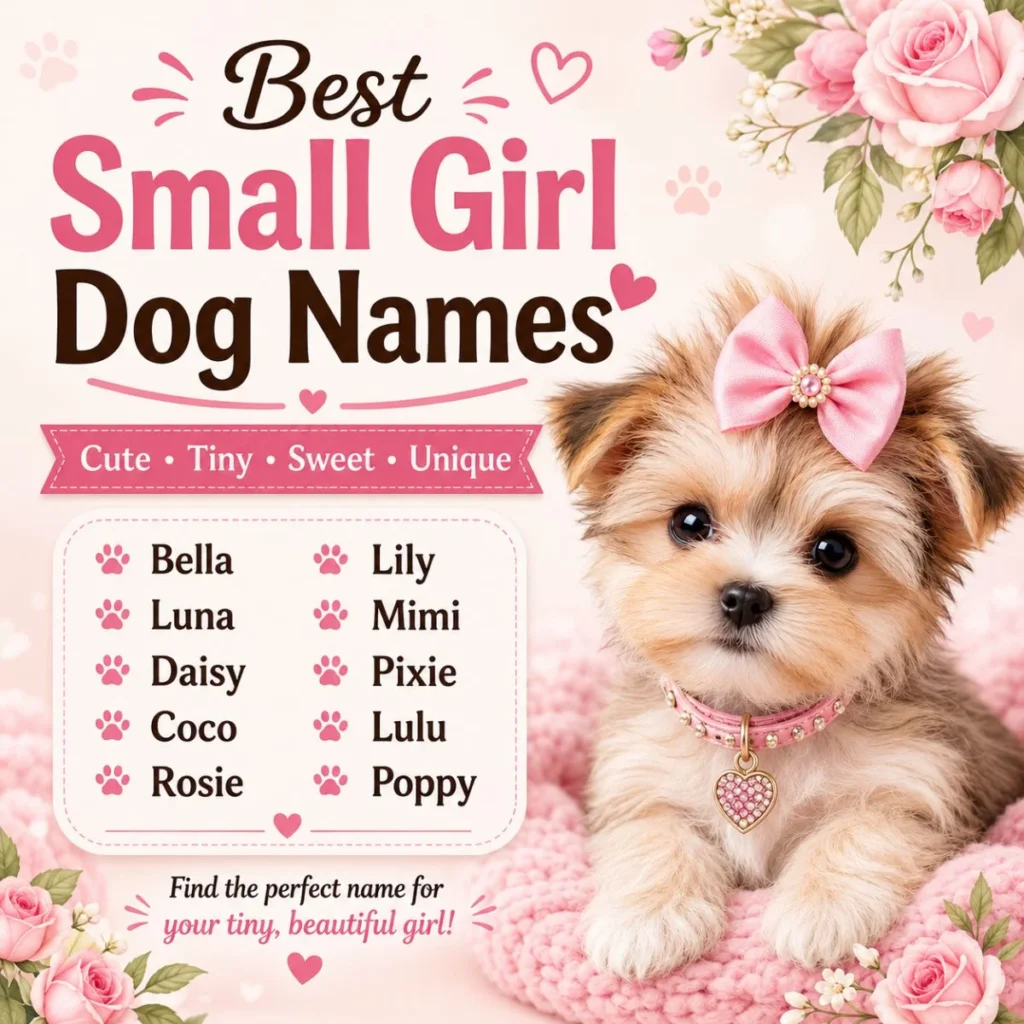 Best small girl dog names image with a cute tiny female puppy and soft pastel design