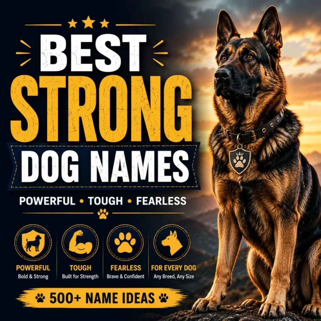 Best Strong Dog Names image featuring a German Shepherd with powerful, tough, and fearless dog name ideas