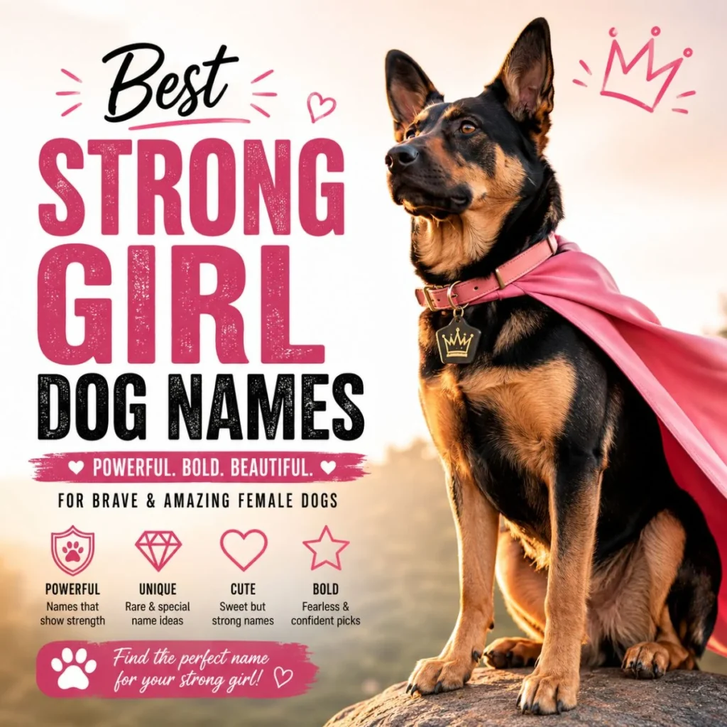 Best strong girl dog names image with a confident female dog and bold pet name theme