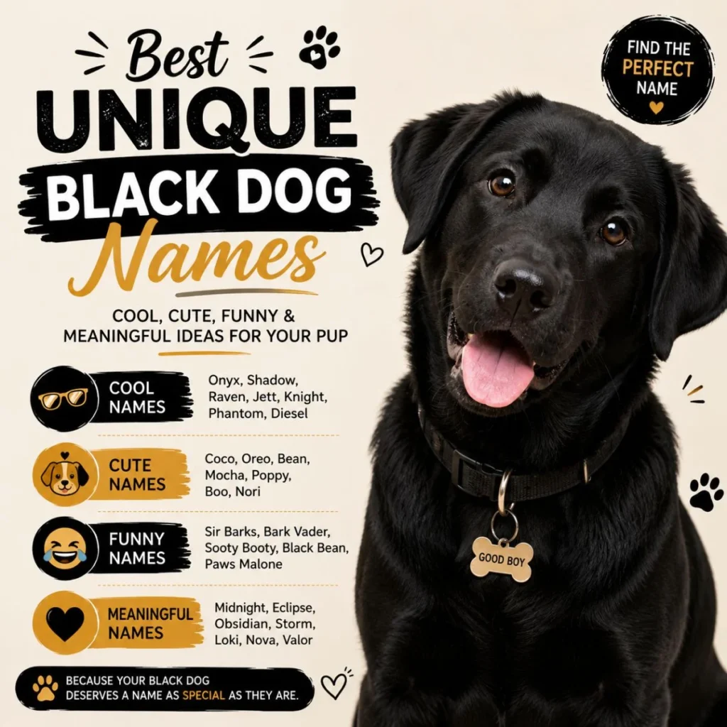 Best unique black dog names image with a cute black dog and stylish name ideas for your pup