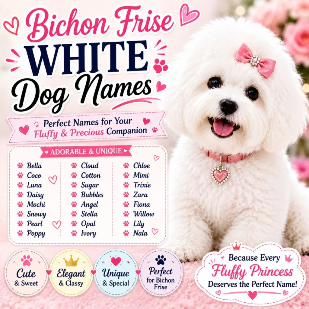 Bichon Frise White Dog Names featuring a fluffy white Bichon Frise with cute and elegant female dog name ideas