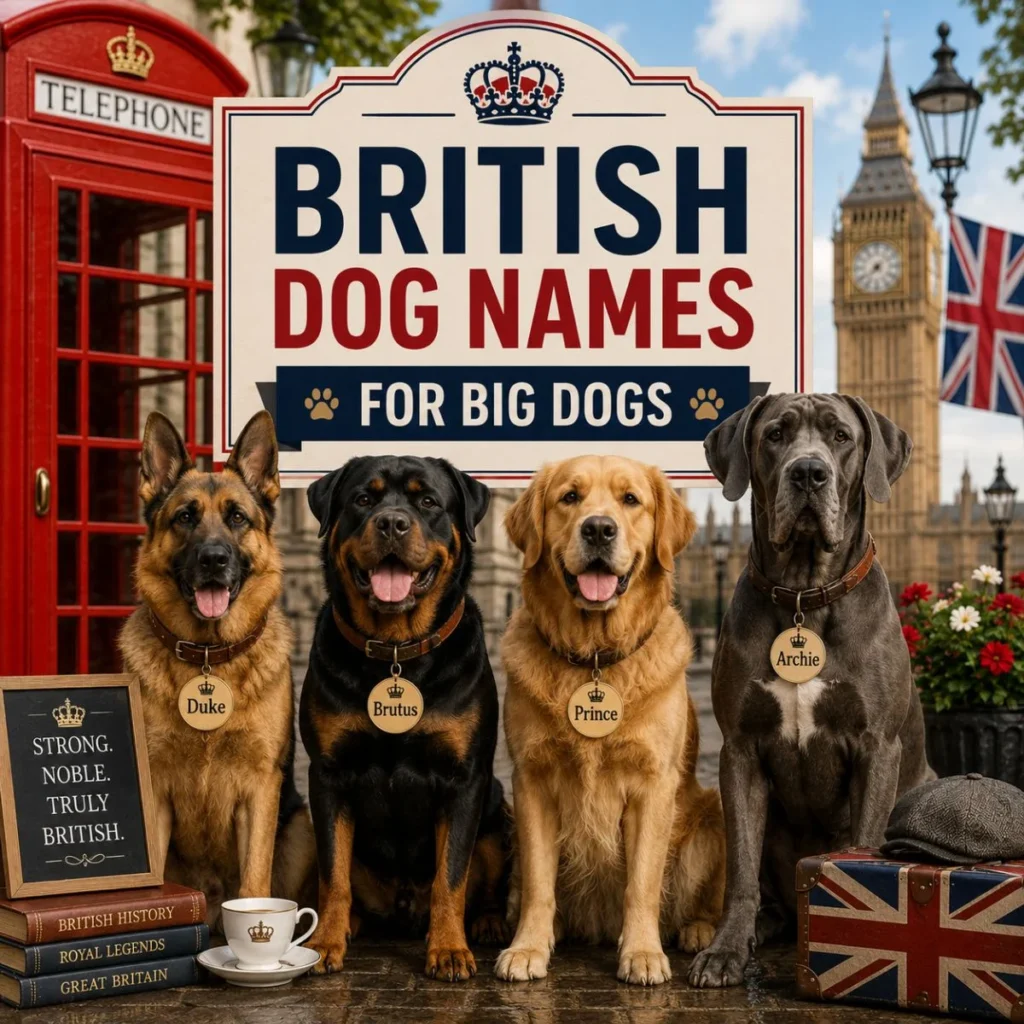 British dog names for big dogs image with four large pups, Big Ben, red phone booth, and royal London style