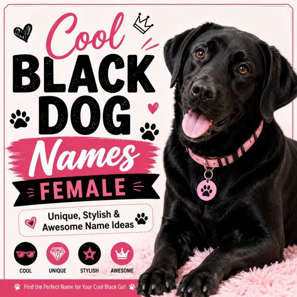 Happy black female dog with pink collar featured in a cool black dog names guide with stylish name ideas
