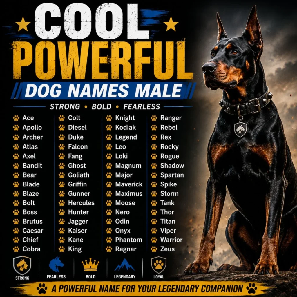 Cool powerful dog names male poster featuring a strong Doberman and bold male dog name ideas