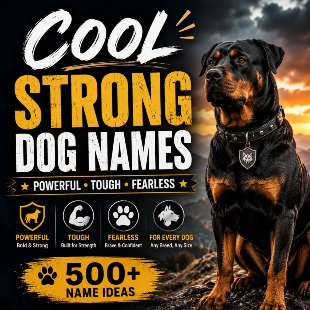Cool Strong Dog Names image featuring a confident Rottweiler with powerful and fearless dog name ideas.