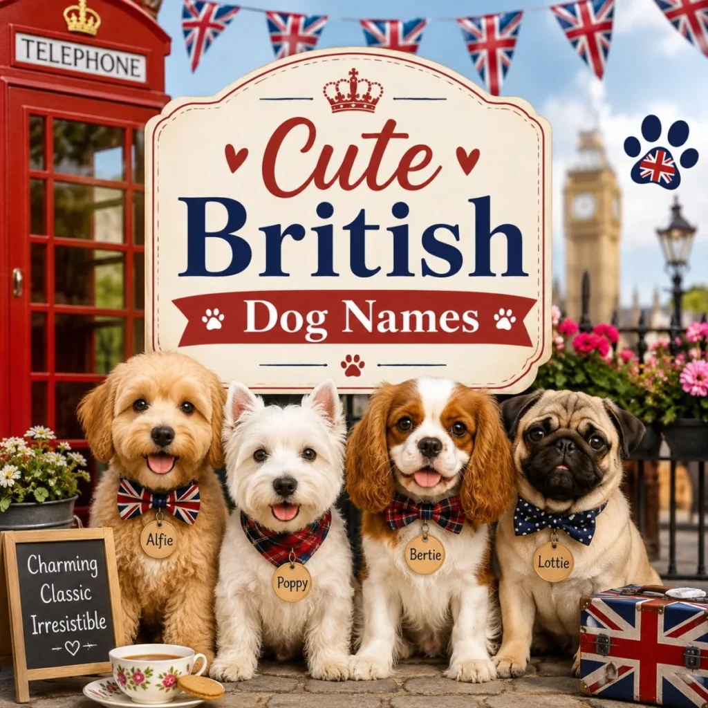 Cute British dog names image with four adorable pups, red phone booth, Union Jack flags, and London style